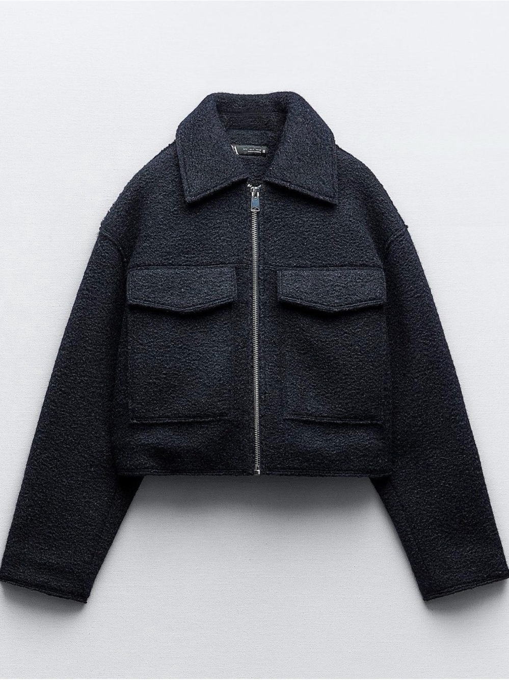 Zara Cropped Hip Length Bouclé Zipper Jacket With Pockets Navy Blue Size Small